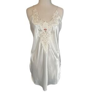 Vintage California Dynasty White Satin Slip Dress Lace Appliqué Y2K Fairycore M